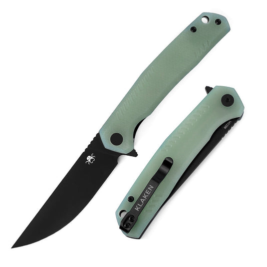 Klaken J336 The Flint J336-JadeG10-BlackBlade front view – 3.54" black Ti-coated 14C28N drop point folding knife with jade G10 handle
