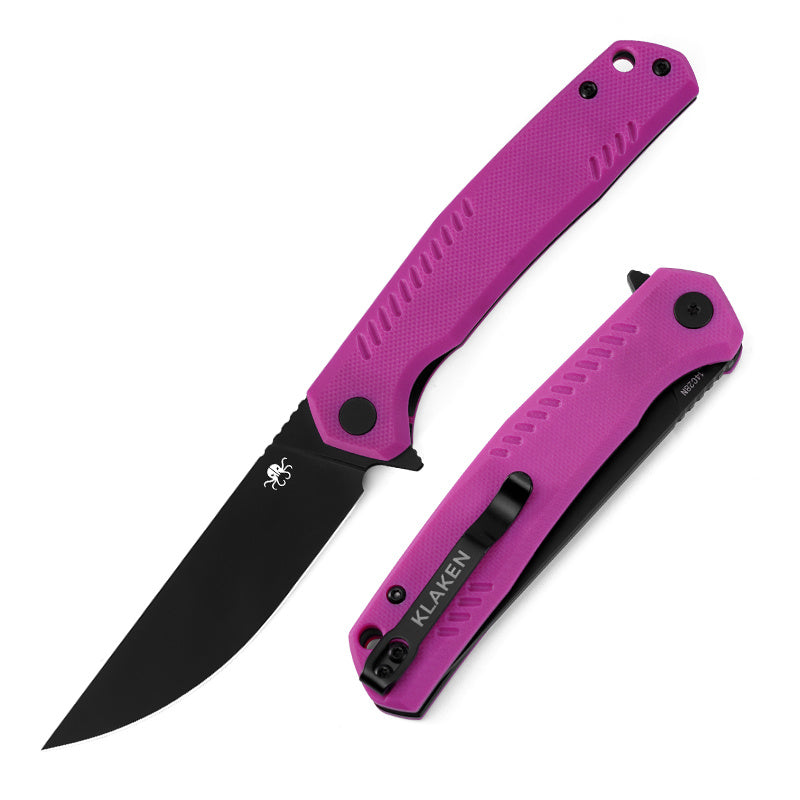 Klaken J336 The Flint J336-MagentaG10-BlackBlade front view – 3.54" black Ti-coated 14C28N drop point folding knife with magenta G10 handle