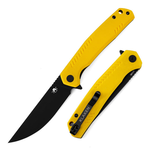 Klaken J336 The Flint J336-YellowG10-BlackBlade front view – 3.54" black Ti-coated 14C28N drop point folding knife with yellow G10 handle