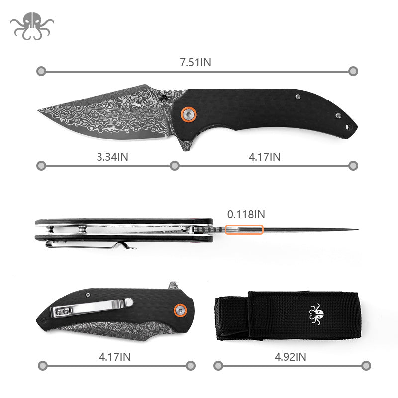 Klaken J337 Ravenor J337-ShreddedCarbon front view - 3.34" Damascus drop point carbon fiber folding knife