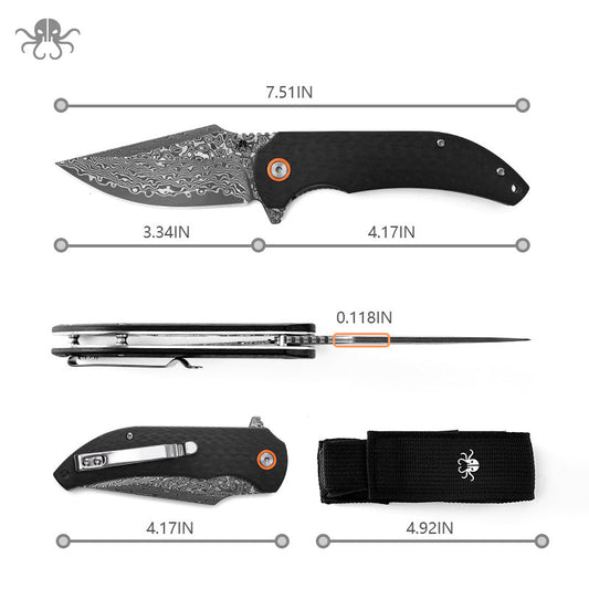 Klaken J337 Ravenor J337-ShreddedCarbon front view - 3.34" Damascus drop point carbon fiber folding knife