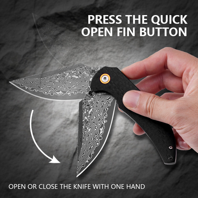 Klaken J337 Ravenor J337-ShreddedCarbon open position showing Damascus drop point blade