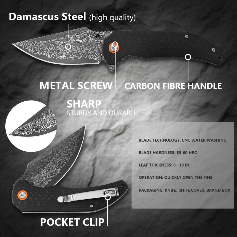 Klaken J337 Ravenor J337-Zebrawood open position showing Damascus flipper blade
