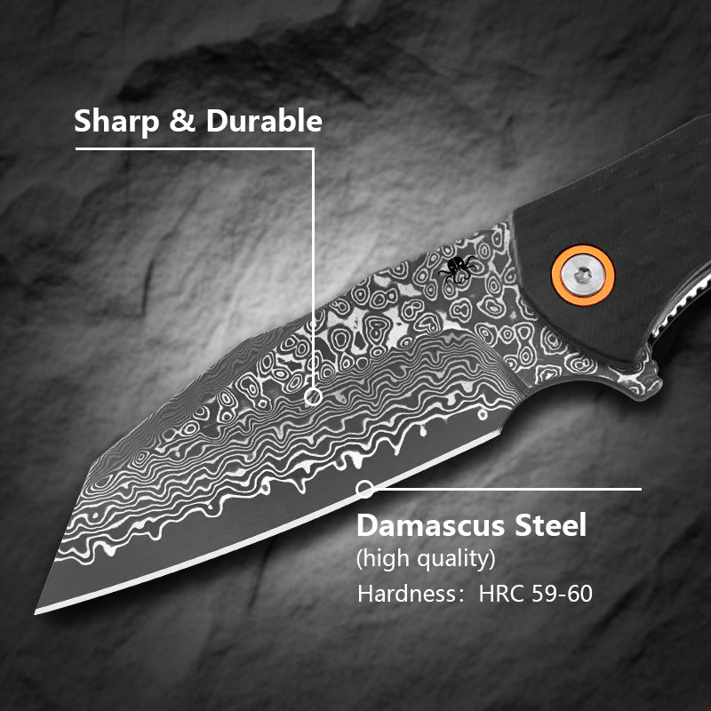 Klaken J338 Askael J338-ShreddedCarbon blade detail - Damascus steel HRC 59-60