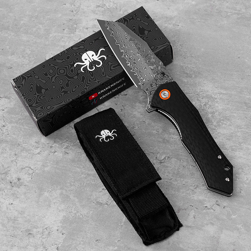 Klaken J338 Askael J338-ShreddedCarbon front view - 3.5" Damascus carbon fiber folding knife with pouch