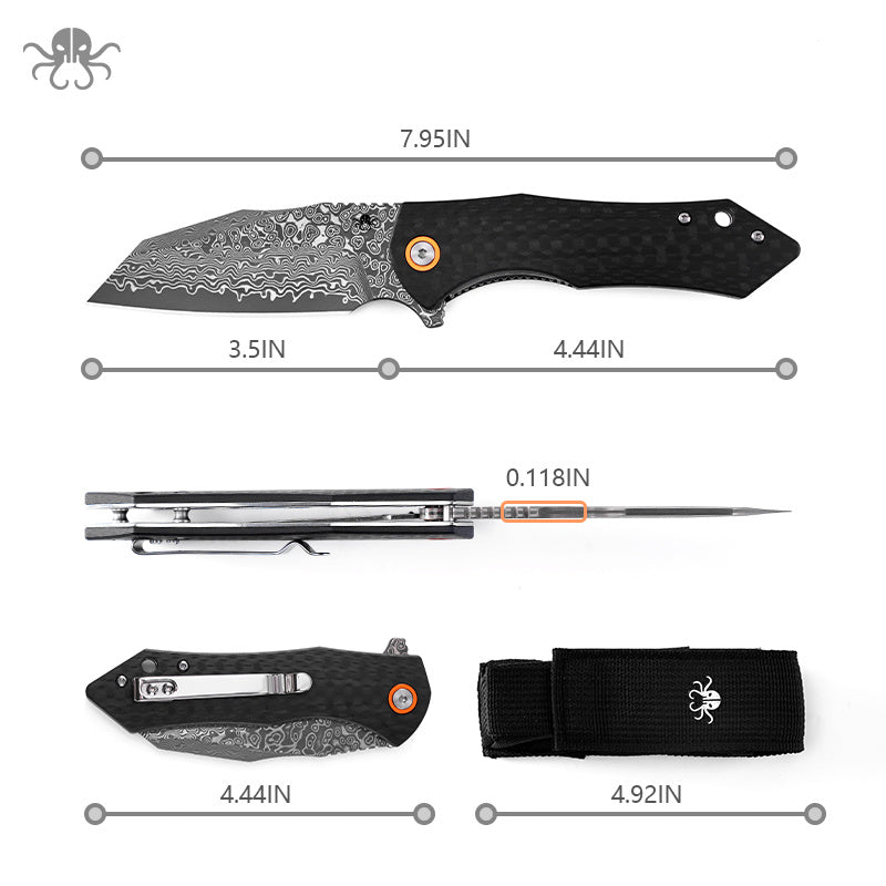 Klaken J338 Askael J338-ShreddedCarbon dimensions and nylon pouch detail
