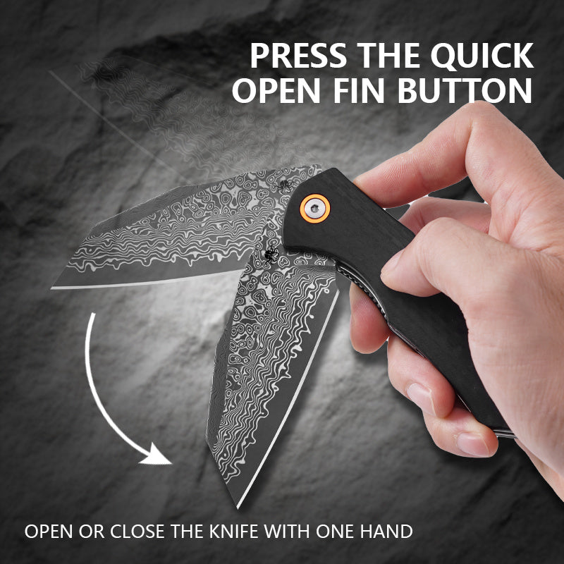 Klaken J338 Askael J338-ShreddedCarbon open position showing Damascus blade