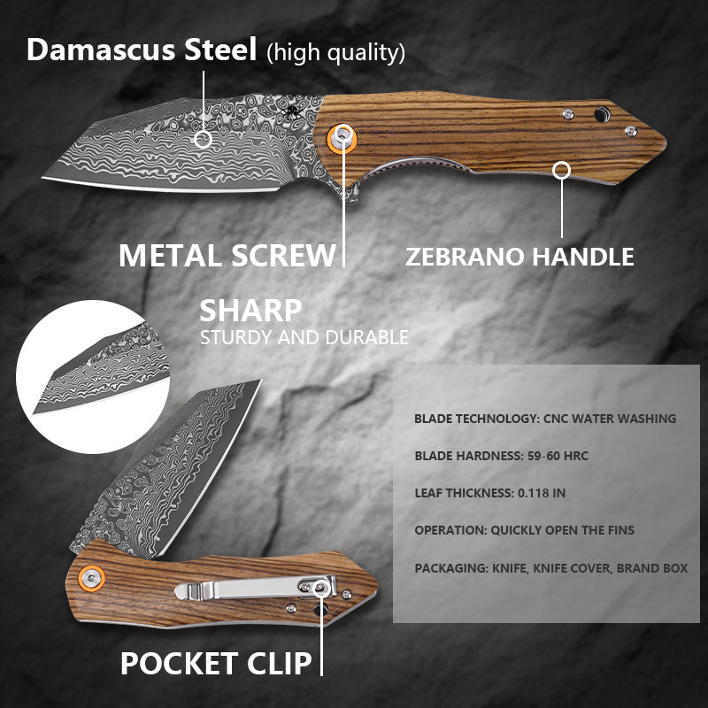 Klaken J338 Askael J338-Zebrawood blade detail – Damascus pattern steel