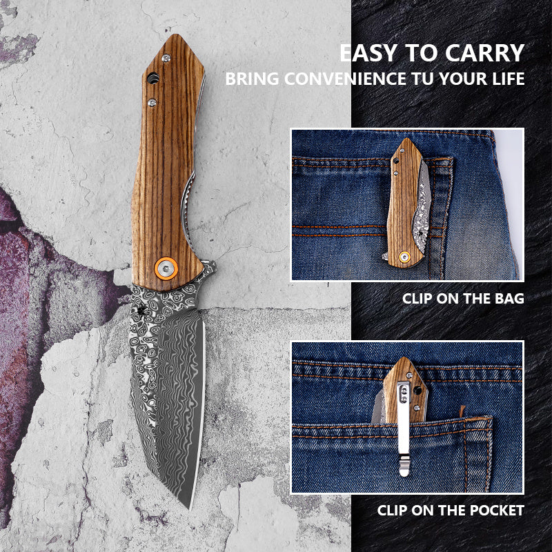 Klaken J338 Askael J338-Zebrawood front view – 3.5" Damascus blade zebra wood carbon fiber folding knife