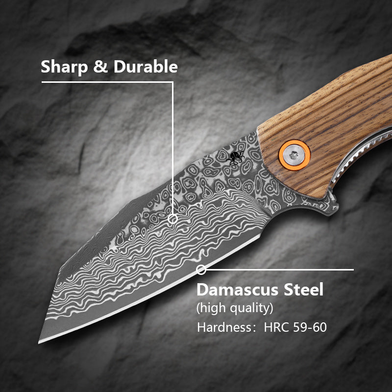 Klaken J338 Askael J338-Zebrawood open position showing Damascus flipper blade