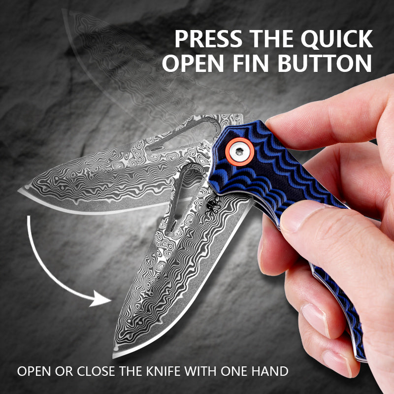 Klaken Tideborn J345-BlueBlackG10 blade detail – layered Damascus steel