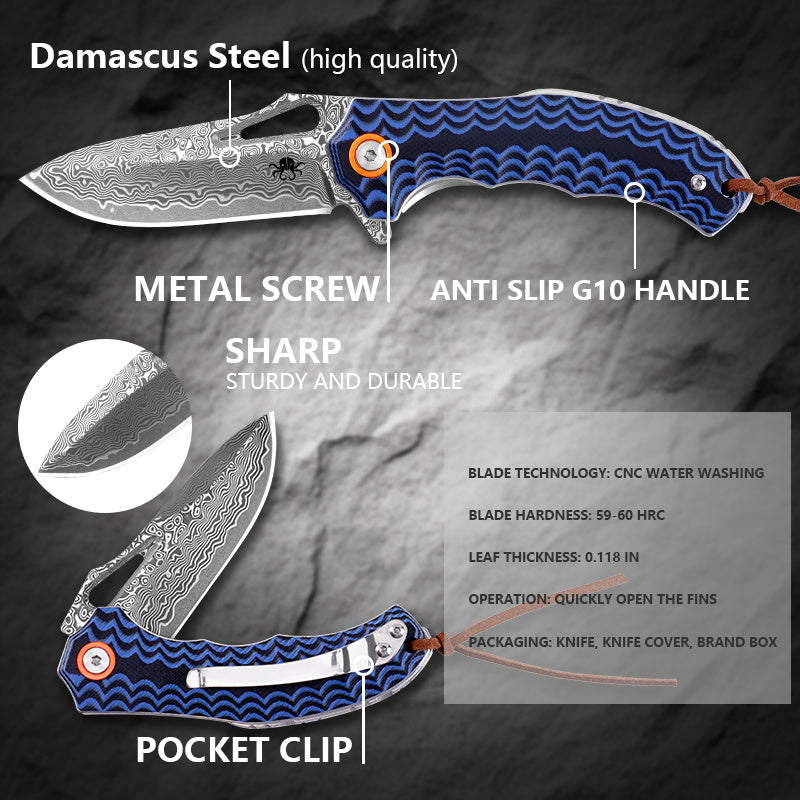 Klaken Tideborn J345-BlueBlackG10 open position showing Damascus blade
