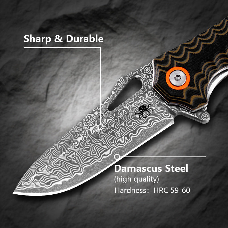 Klaken Tideborn J345-BrownBlackG10 blade detail – Damascus steel, brown & black G10 handle