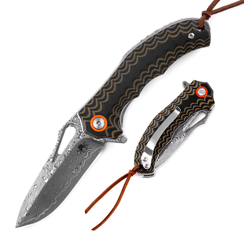 Klaken Tideborn J345-BrownBlackG10 front view – 2.75" Damascus blade, brown & black G10 handle folding knife