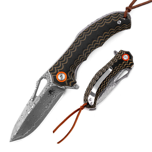 Klaken Tideborn J345-BrownBlackG10 front view – 2.75" Damascus blade, brown & black G10 handle folding knife