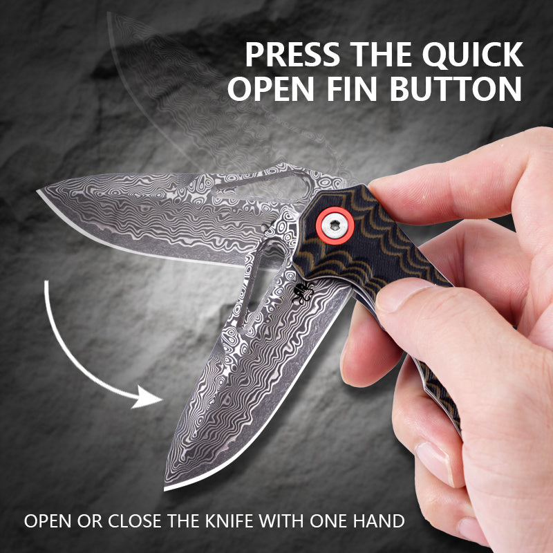 Klaken Tideborn J345-BrownBlackG10 open position showing Damascus blade, brown & black G10 handle