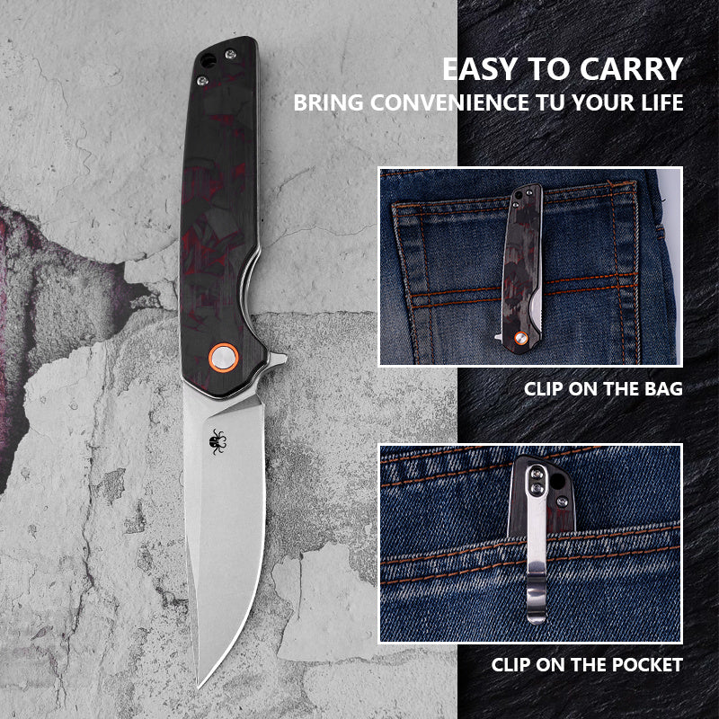 Klaken J354 Warpath J354-BlackRedShreddedCarbon front view – 3.46" stonewashed D2 drop point folding knife