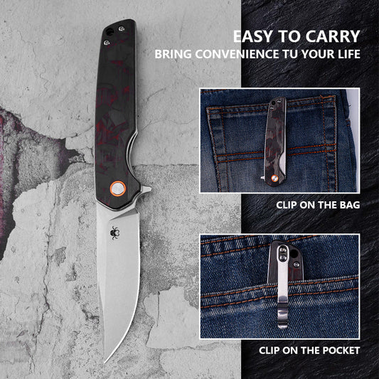Klaken J354 Warpath J354-BlackRedShreddedCarbon front view – 3.46" stonewashed D2 drop point folding knife