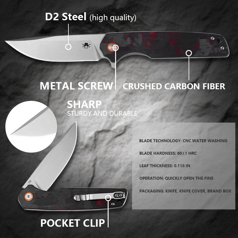 Klaken J354 Warpath J354-BlackRedShreddedCarbon open position showing D2 drop point blade