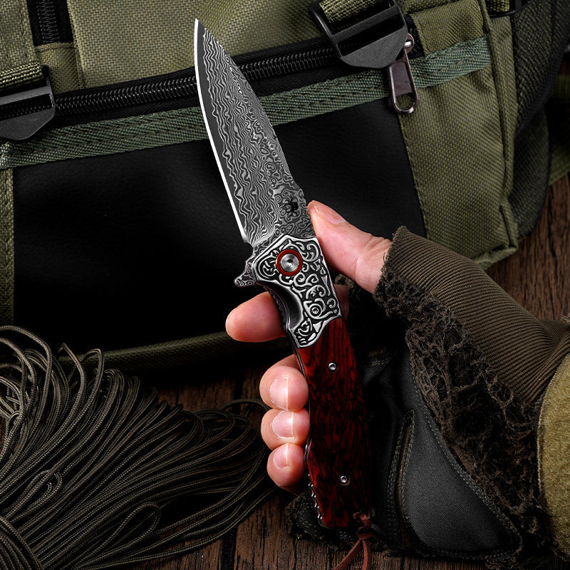 Klaken J358 Ardent J358-Redsandalwood open position showing Damascus blade