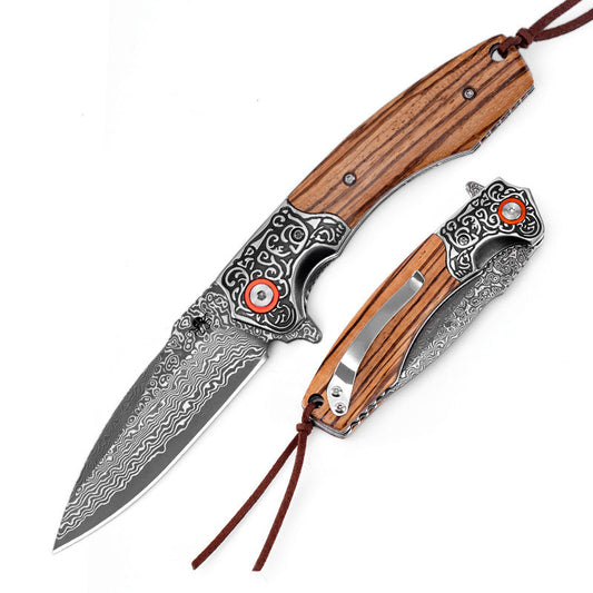 Klaken J358 Ardent J358-Zebrawood front view - 3.14" Damascus flipper folding knife