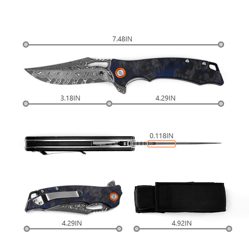 Klaken J385 Wraith J385-BlackBlueShreddedCarbon black & blue crushed carbon fiber handle scales