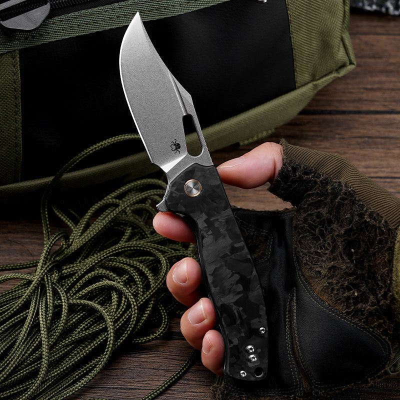 Klaken Vapor J388-BlackShreddedCarbon front view – 3.27" satin D2 drop point folding knife with black crushed carbon fiber handle