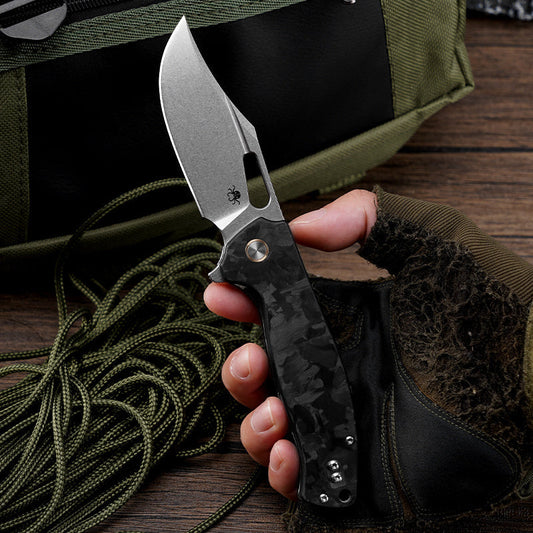 Klaken Vapor J388-BlackShreddedCarbon front view – 3.27" satin D2 drop point folding knife with black crushed carbon fiber handle