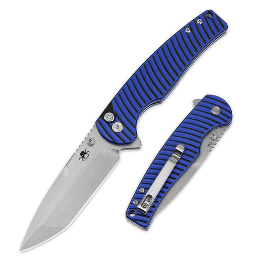 Klaken Riftline J392-BlueG10-SatinBlade front view – 3.54" satin D2 drop point folding knife with blue G10 handle, button lock