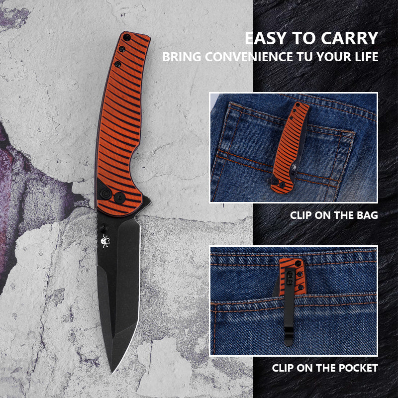 Klaken J392 Riftline J392-OrangeG10-BlackBlade front view – 3.54" black stonewashed D2 drop point folding knife with orange G10 handle