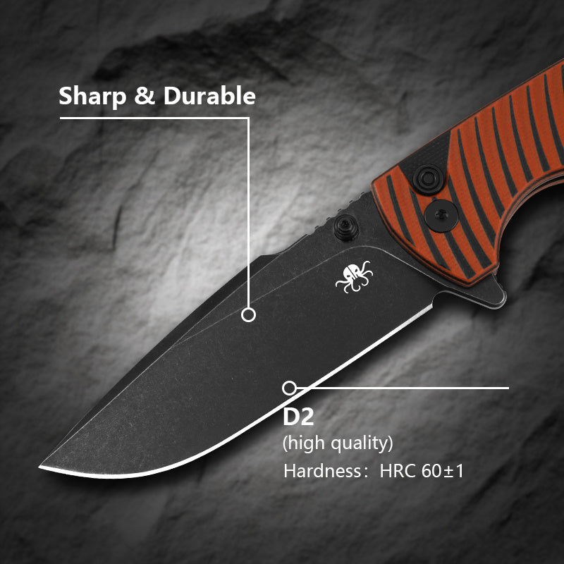Klaken J392 Riftline J392-OrangeG10-BlackBlade open position showing D2 black stonewashed drop point blade