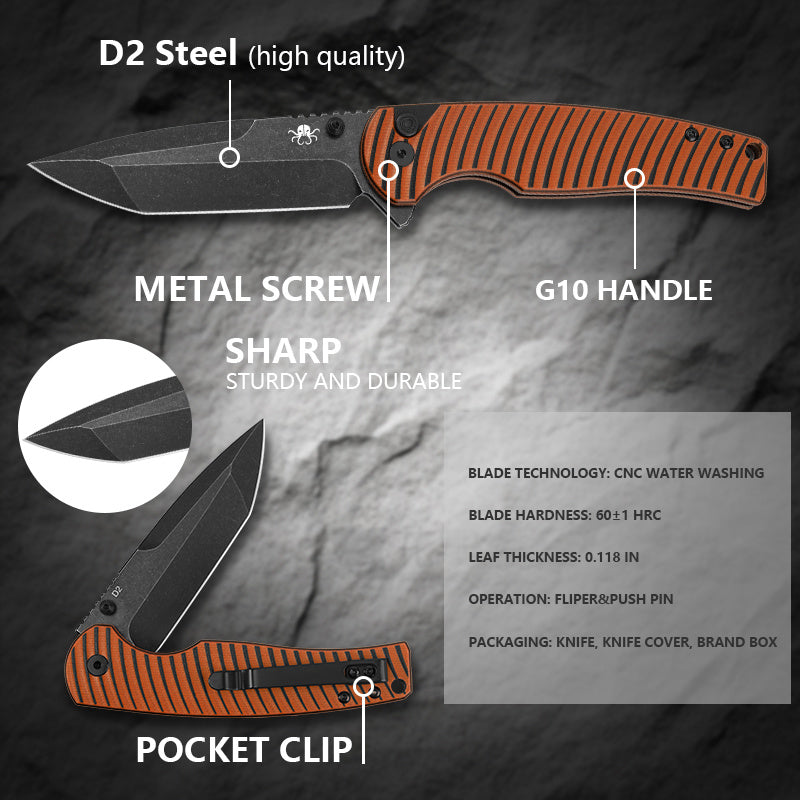 Klaken J392 Riftline J392-OrangeG10-BlackBlade orange G10 handle and deep-carry pocket clip detail
