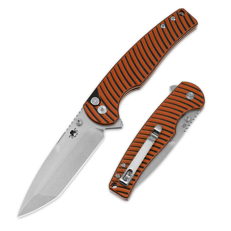 Klaken J392 Riftline J392-OrangeG10-SatinBlade front view – 3.54" satin D2 drop point folding knife with orange G10 handle, open and closed