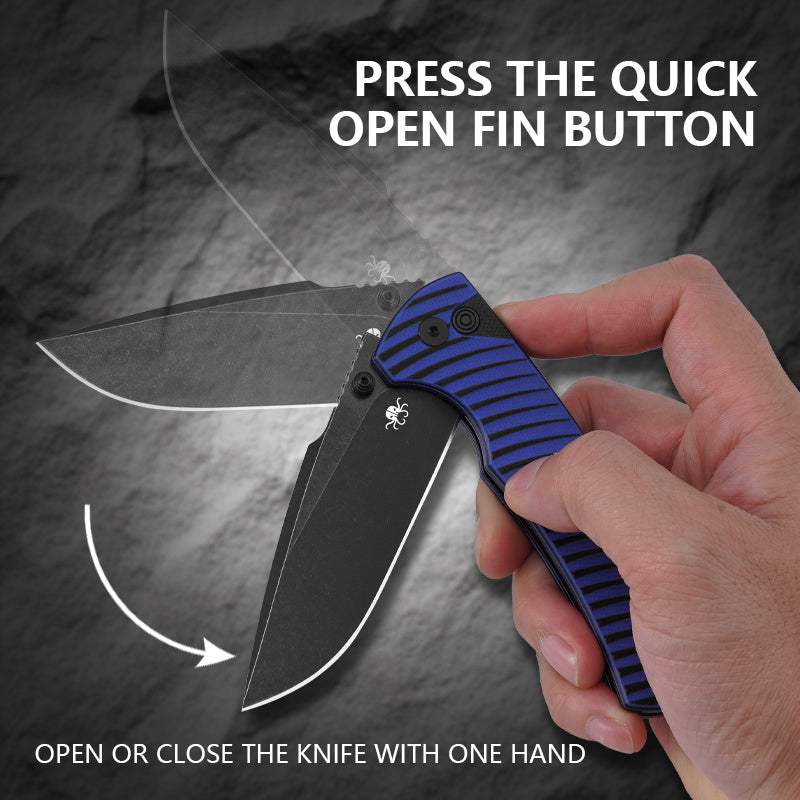 Klaken J394 Breakline BlueG10-BlackBlade button lock and flipper deployment detail
