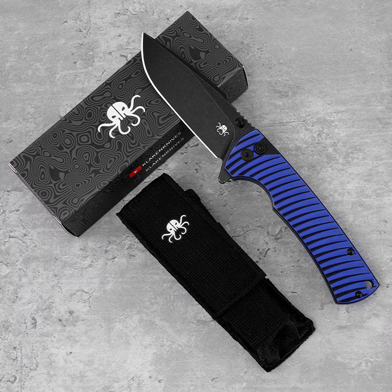 Klaken J394 Breakline BlueG10-BlackBlade front view – 3.43" black stonewashed D2 drop point folding knife with blue G10 handle