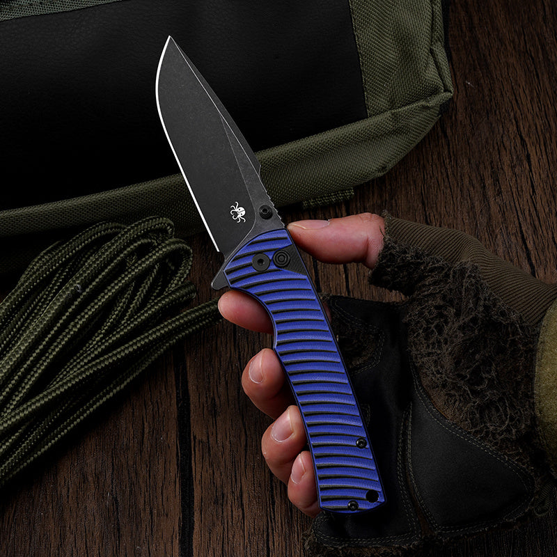 Klaken J394 Breakline BlueG10-BlackBlade open position showing D2 drop point blade