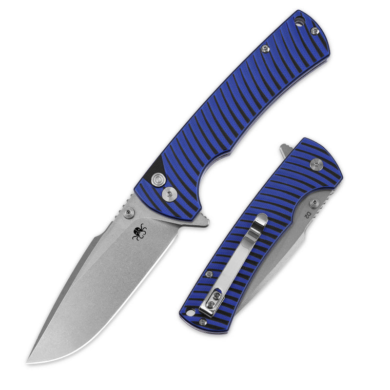 Klaken J394 Breakline BlueG10-SatinBlade front view – 3.43" satin stonewashed D2 drop point folding knife with blue G10 handle