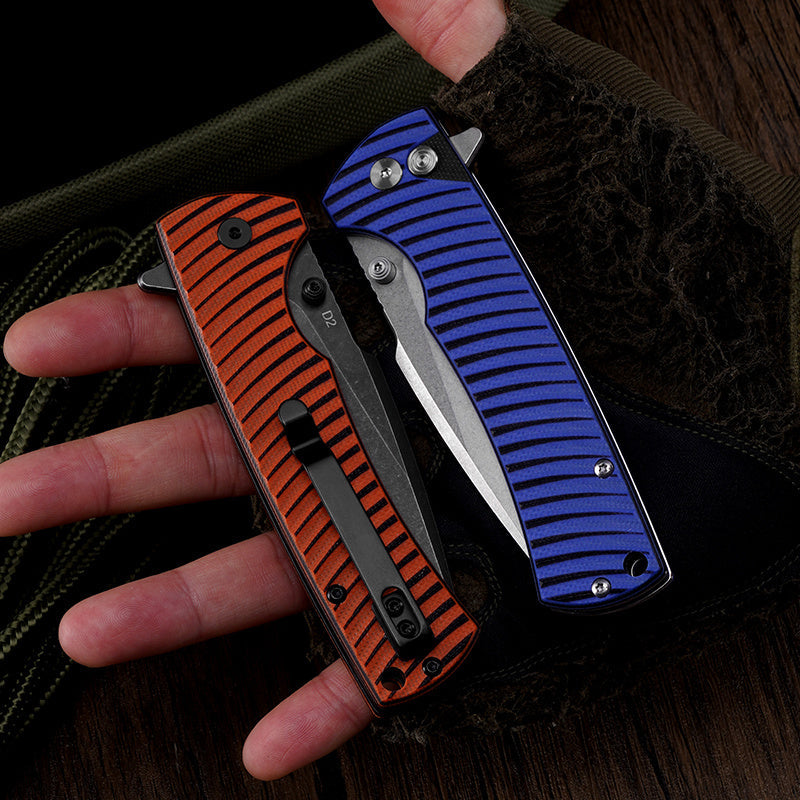 Klaken J394 Breakline BlueG10-SatinBlade open position showing satin D2 drop point blade and blue G10 handle