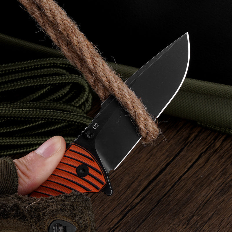 Klaken J394 Breakline J394-OrangeG10-BlackBlade blade detail – black stonewashed D2 drop point
