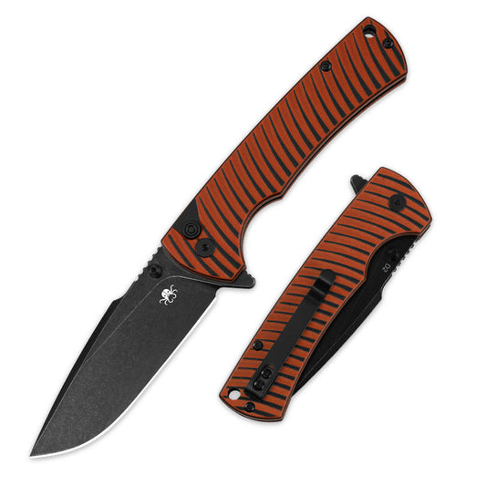 Klaken J394 Breakline J394-OrangeG10-BlackBlade front view – 3.43" black stonewashed D2 drop point folding knife, orange G10 handle