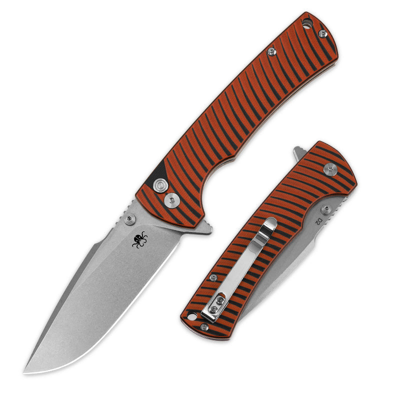 Klaken J394 Breakline J394-OrangeG10-SatinBlade front view – 3.43" satin D2 drop point folding knife, orange G10 handle
