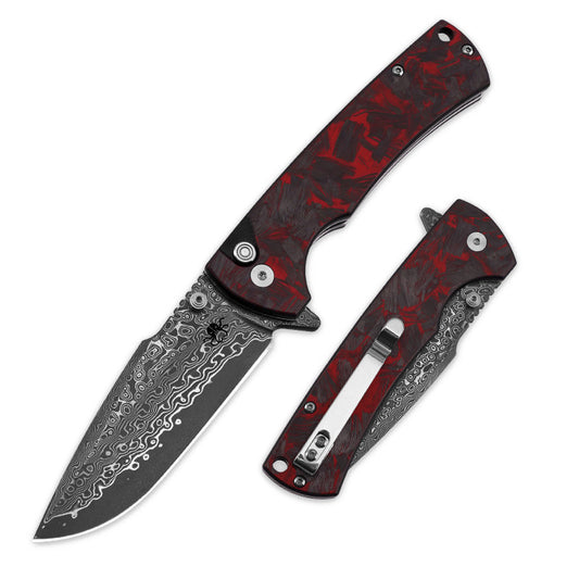 Klaken Breakline J394-RedShreddedCarbon front view – 3.43" D2 drop point folding knife with red crushed carbon fiber handle, button lock