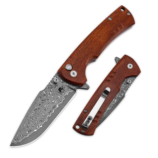 Klaken J394 Breakline J394-Rosewood front view – 3.43" Damascus drop point folding knife with rosewood handle