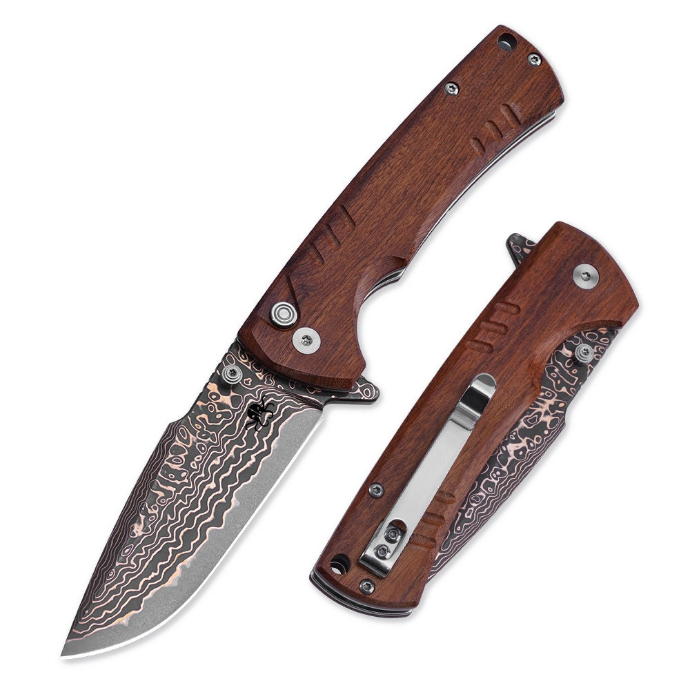 Klaken J394 Breakline J394-Rosewood open position showing Damascus drop point blade and rosewood handle scales