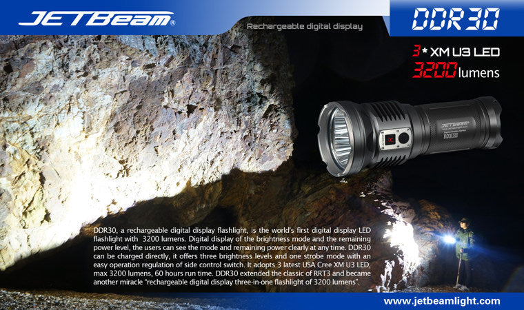 JETBeam DDR30 Digital Display Series 3 x 18650 Triple CREE XM-L2 LED Flashlight 3300 Lumens