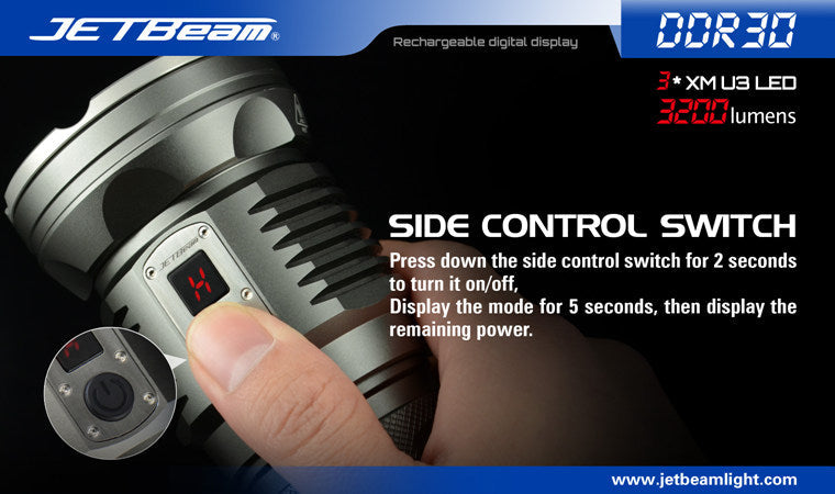 JETBeam DDR30 Digital Display Series 3 x 18650 Triple CREE XM-L2 LED Flashlight 3300 Lumens