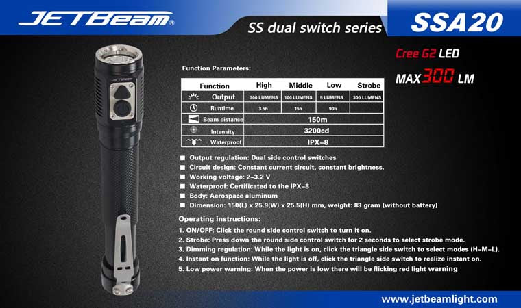JETBeam SSA20 CREE G2 LED 300 Lumen 2 x AA Flashlight