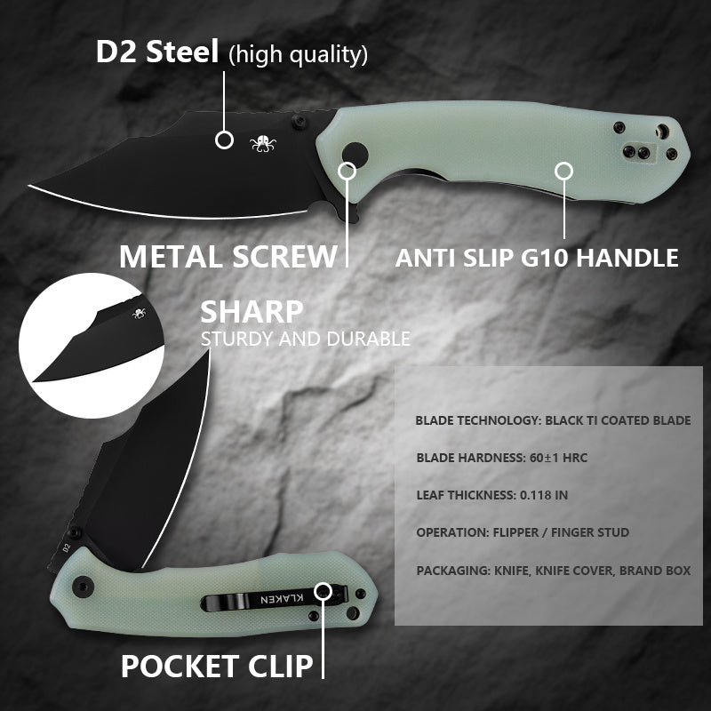 Klaken K01 Specter K01-BlackG10 blade detail – black Ti coated D2 drop point