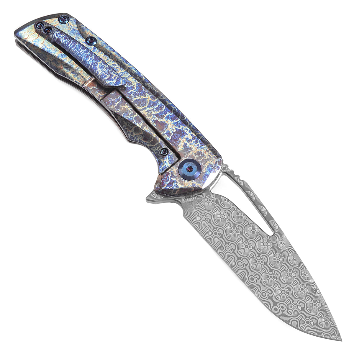 Kansept Kryo K1001A6 open position showing Damascus drop point blade