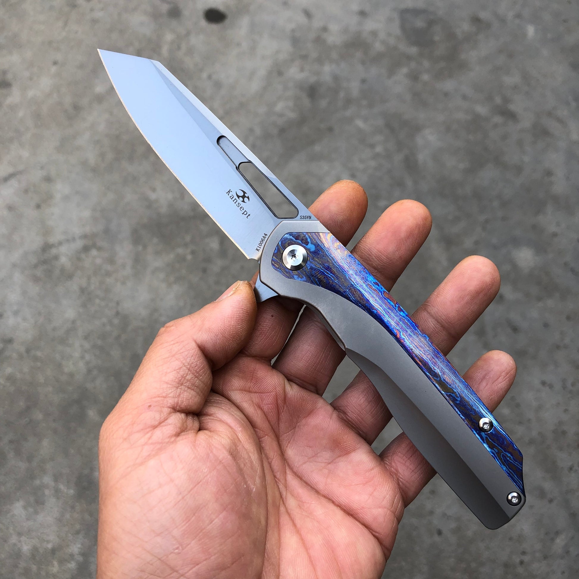 Kansept Shard K1006A4 front view – 3.50" satin CPM-S35VN reverse tanto folding knife